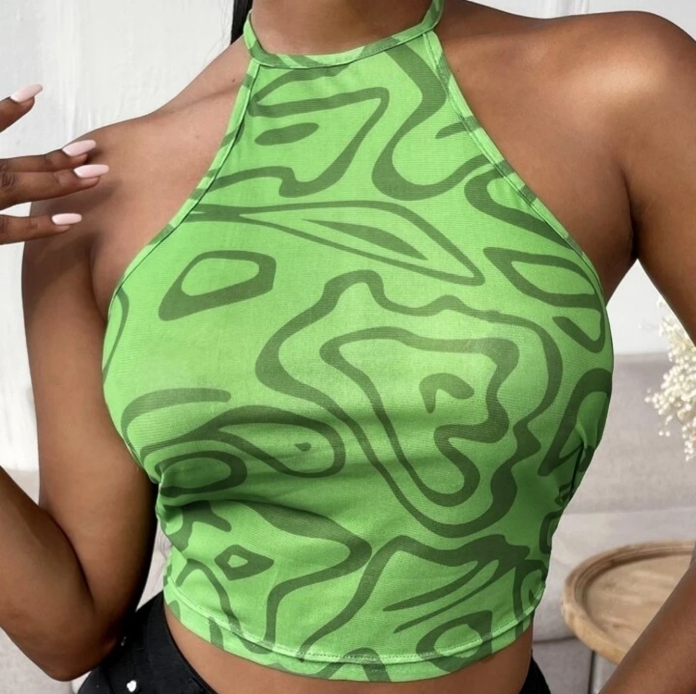 Vintage Y2K Green Mesh Halter Crop Top Size Small